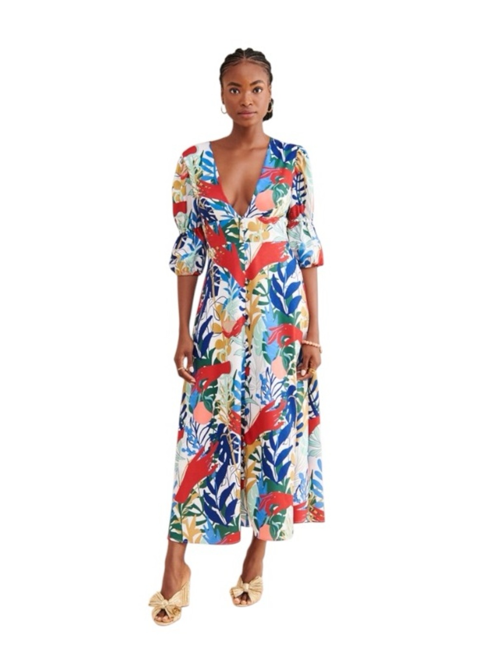 Hutch Maxine Maxi Dress Tropical Leaf Floral V-Neck Puff Sleeve Dress Size 6